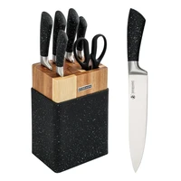 kitchen 7 piece modern luxury kitchen knife set black marble finish handle slicing knife chef knife set with wooden block