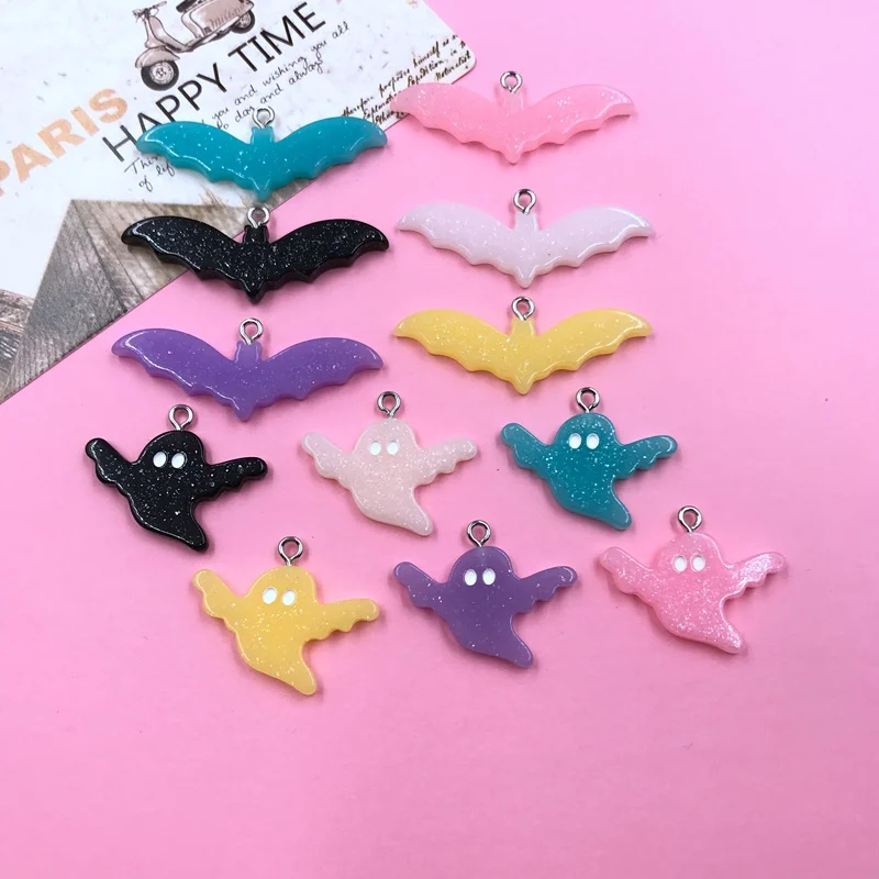 10pcs Hot Selling Adorable Resin Flatback Glitter Bat Ghost Charms for Earring Necklace Bracelet Jewelry Accessory Pendant DIY