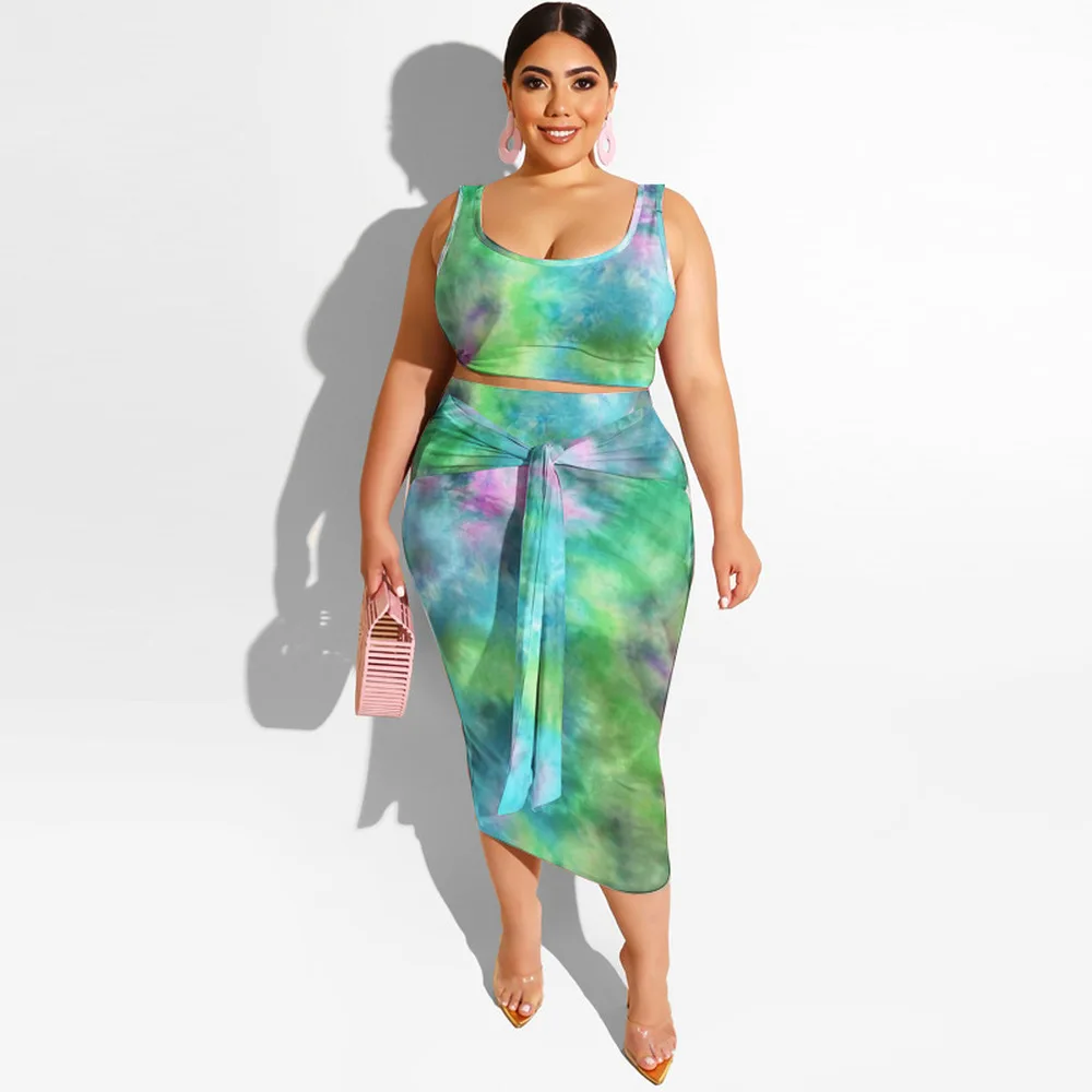 

Plus Size Tie Dye Print Women Two Pieces Sets Sleeveless Tank Crop Top and Tie Up Bodycon Skirt Sweatsuits Vintage Matching Sets