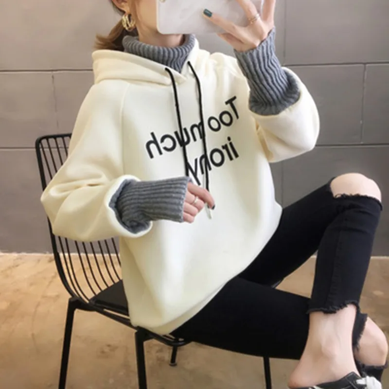 

Fake Two-Piece Sweat Women Plus Velvet Thick 2020 New Autumn Winter Korean Loose Turtleneck Sweatshirt Stitching Hooded Top A430