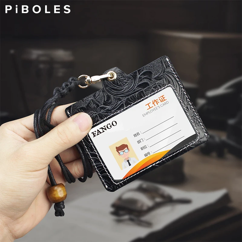 Genuine Leather Business Card Holder Pouch Handmade Badge Card Case Box Student Lanyard ID Cards Employee Cover Wallet