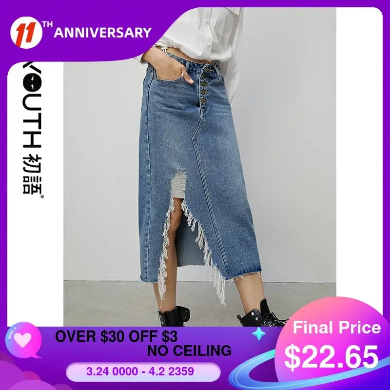 

Toyouth Spring High Waist Denim Skirts For Women Streetwear Solid Ripped Midi Jeans Skirts