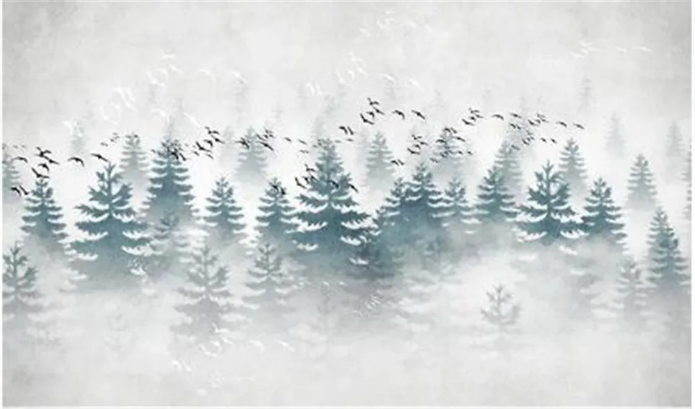 

Custom custom wallpaper mural pine forest cloud and mist flying bird bedroom background wallpaper mural