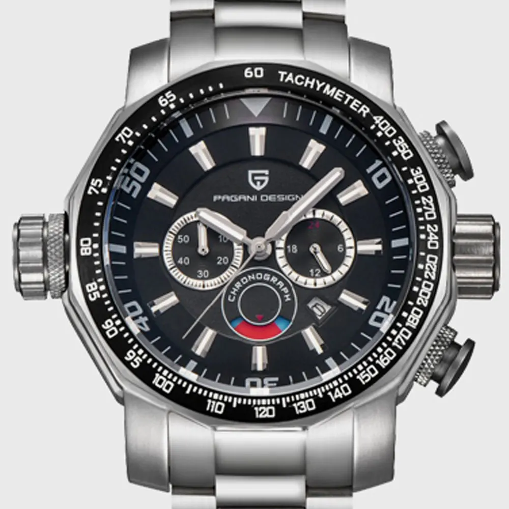 Часы Pagani с черным циферблатом 60 мм многофункциональные кварцевые часы ремешком