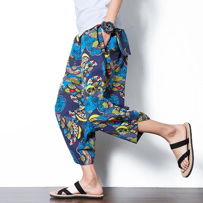 

2020 Summer Plus Size Multicolor Loose Men's Cropped Trousers Tie-dye Ink Painting Print Streetwear Jogging Male Harem Pants