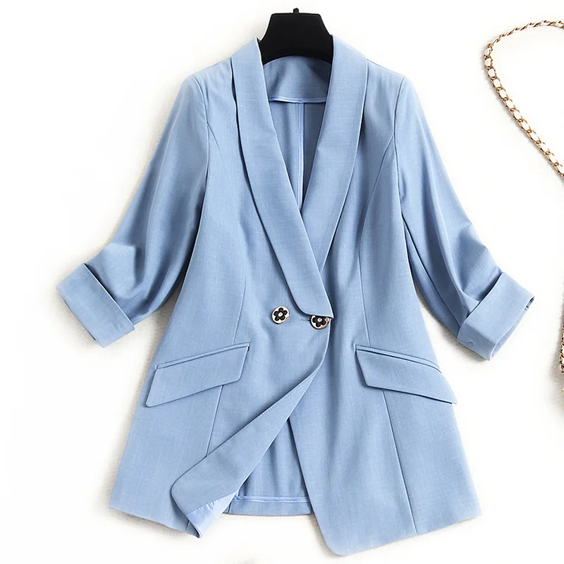 

Women plus size black blazer spring summer 2021 office lady elegant double breasted slim jacket blue