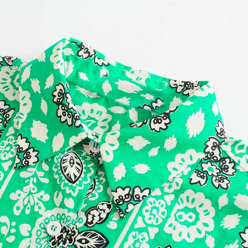 

Green Print Women's Turn-down Collar Shorts Set 2021 Summer Short Sleeve Single Breasted Belt Suits Ladies Casual Fashion Sets