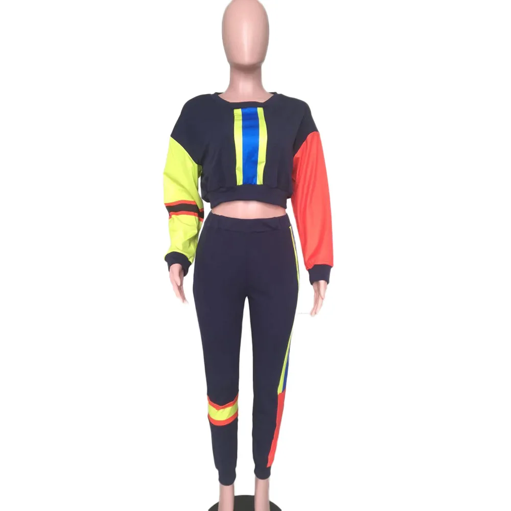 

Hit Color Print Patchwork Casual Tracksuits Plus Size O Neck Full Sleeve Crop Top With Pants Casual Rompers Women Autumn Clothes