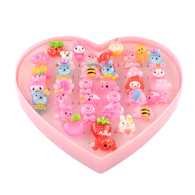 36pcs Per Box 100 шт./кор. милые дети День Святого Валентина ювелирные изделия Пластик Дети Кольца для девочек со смешанными Стиль полимерные Кабошоны, смешанные Цвет, 14 мм - Цвет основного камня: 36pcs Per Box