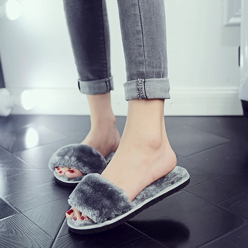 

Hot Sale 2020 Women Home Slippers Winter Warm Shoes Woman Slip on Flats Slides Female Faux Fur Slippers 35-42 wholesale