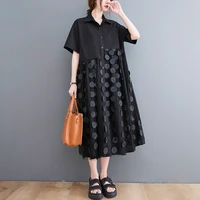 black mesh spliced polka dot summer shirt dress women new short sleeve loose casual fashion long dress elegant clothes 2022
