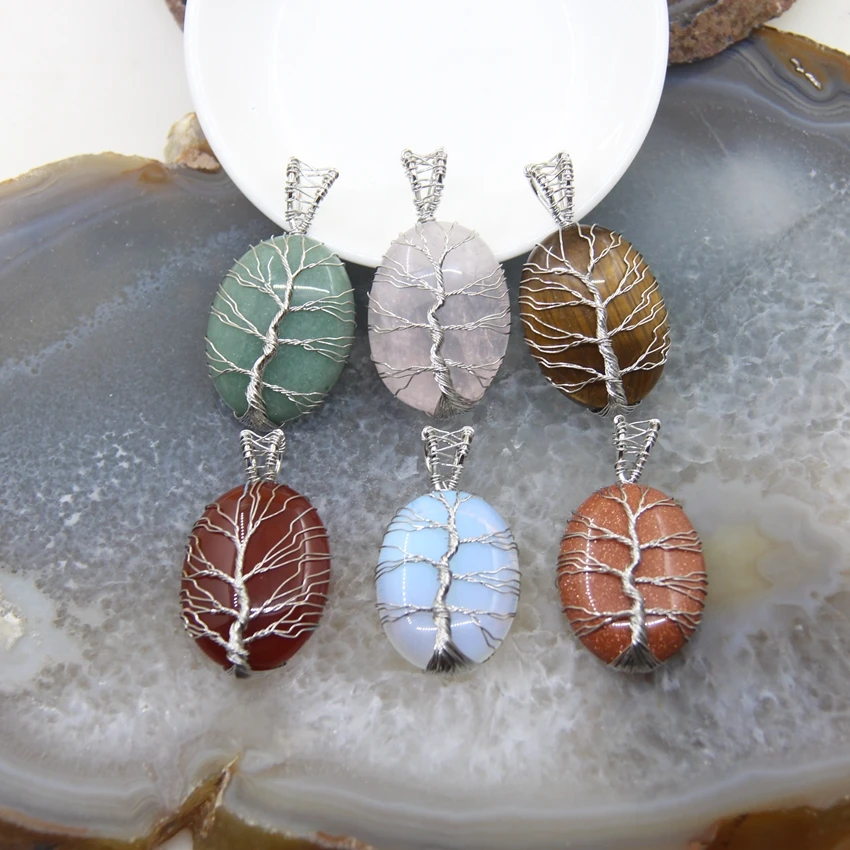 

1pcs Natural Rose Quartzs Opal/Green Aventurine Oval Tree of Life Pendants Silvery Wire Wrap Red Agates/Tiger Eye Stone Necklace