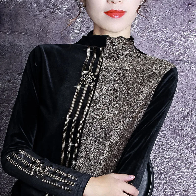 Blouses Women's Plus Size Blusas 2021 Spring Cotton Pleuche Diamonds Splicing Stand Collar Long Sleeves Shirts Casual Tops Woman