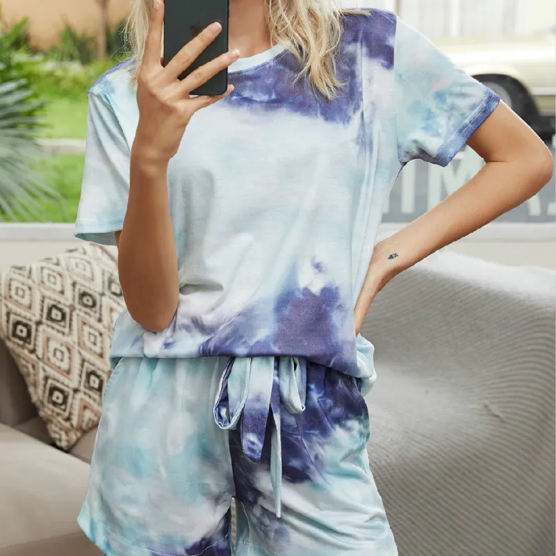 

2020 Summer Printed Tie-Dye Pajamas Short Sleeve Gradient Color Drawstring Homewear Set pants set two piece womens clothing