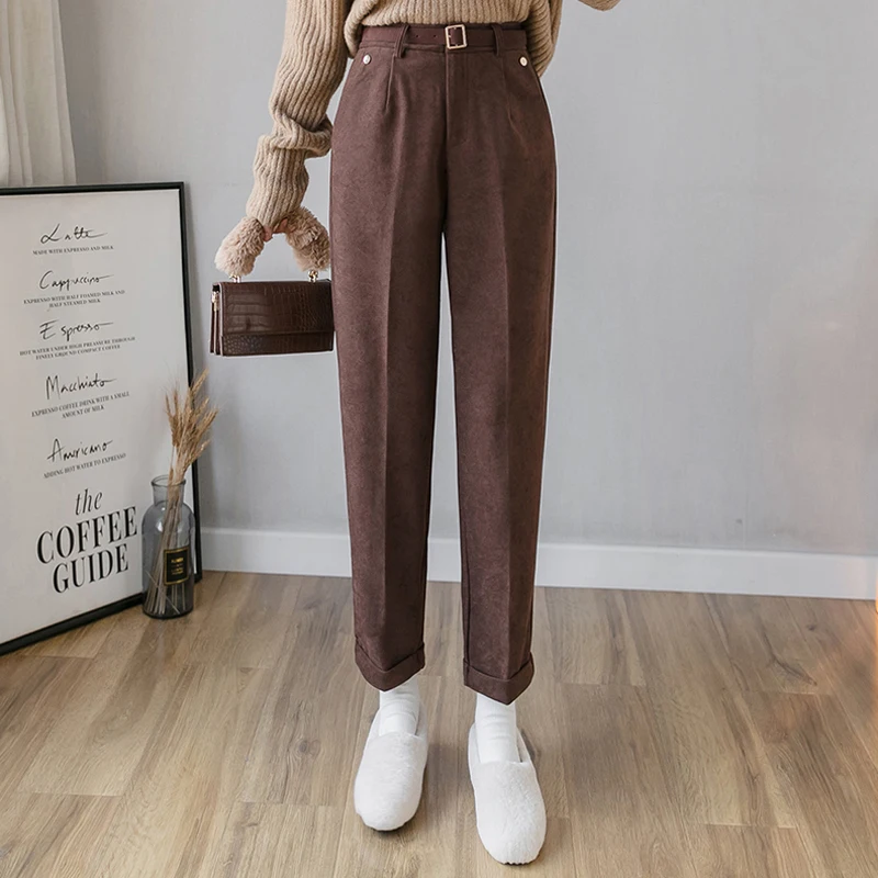 Женские утепленные шерстяные брюки с высокой талией зимние модные повседневные