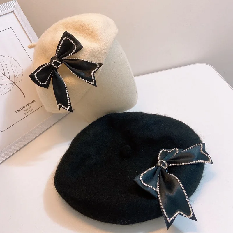 

MYALICE Luxury Rhinestone Bowknot Woolen Women Beret Art Elegant Warm Painter Hat Retro Casual Trend All-match Pumpkin Hat