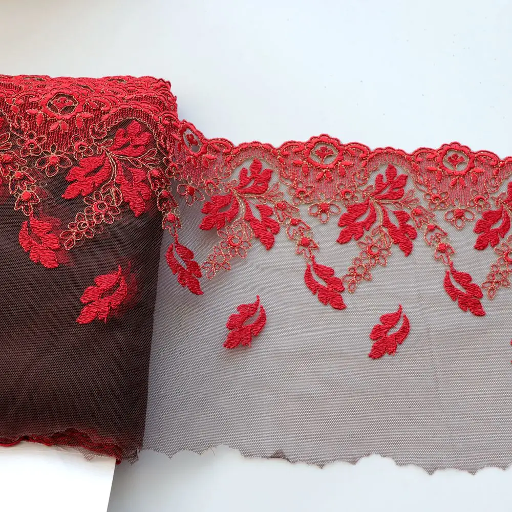 

1 Meter 19.5CM Wide Red Flowers Embroidered Lace Trim Coffee Mesh Bra Dress Costume Decor Garment Lingerie Sewing Trimmings DIY
