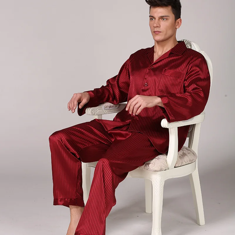 Men Leisure Suits Silk Pajamas for Men Striped Sleepwear Men Pajama Sets Long Sleeve Pants Silk Suit Large Size Home Clothes