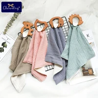 1pcs baby bibs cotton with wooden teether rodent animals koala newborn solid color snap button soft triangle towel burp cloths