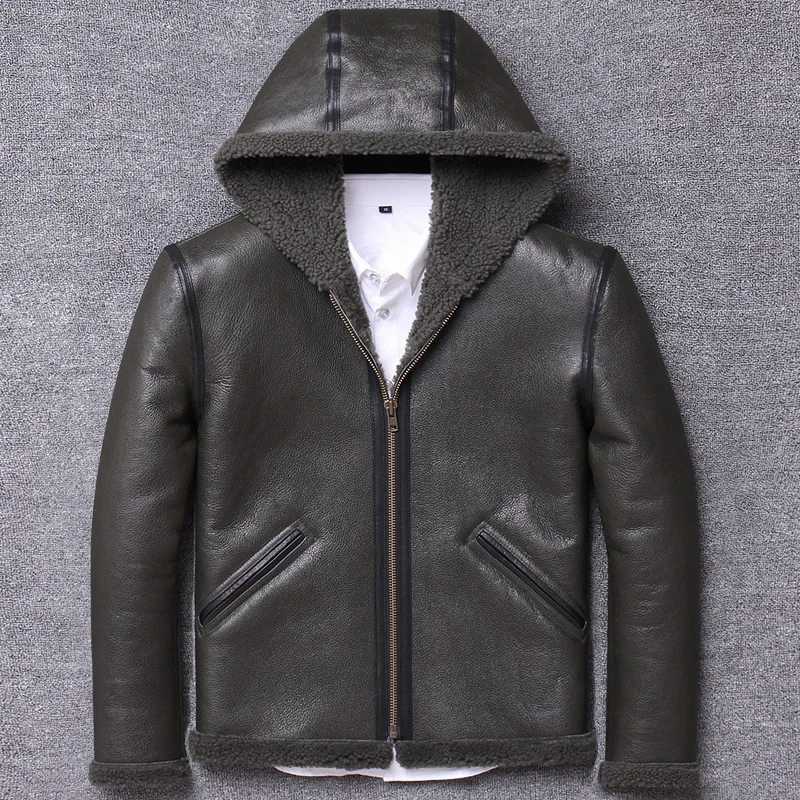 Мужская короткая куртка из овчины с капюшоном винтажная натуральной овечьей