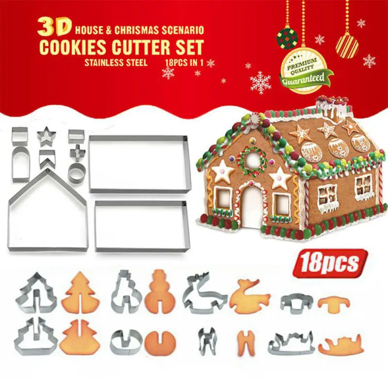 

18PCS 3D Christmas Cookie Cutter Set Stainless Steel Xmas Biscuit Mold Gingerbread House DIY Baking Pastry Tool Kitchen Toys