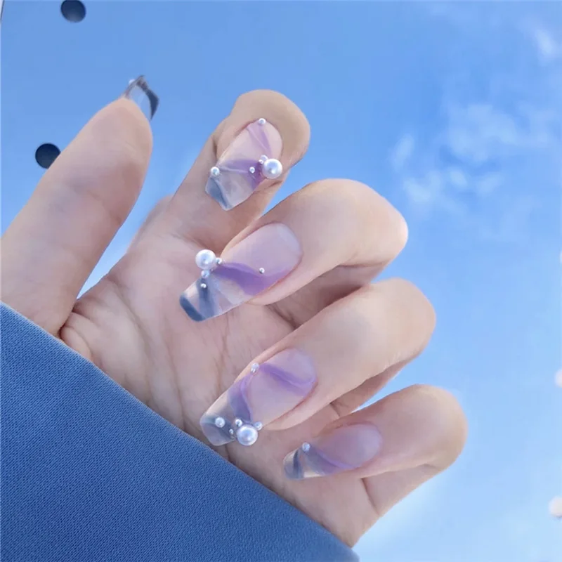 

24pcs Press On Nails Coffin Pre Designed Blue And Purple Pearls Wear Long Paragraph Fashion Manicure Patch False Nails TO