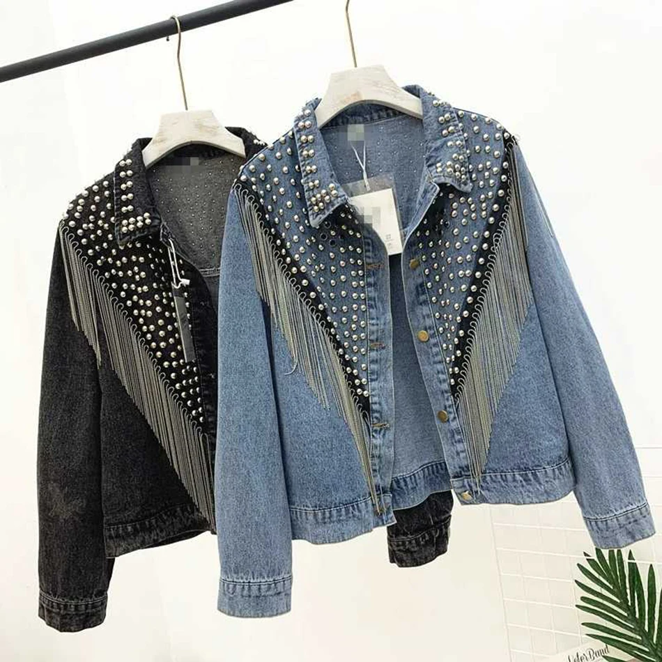 Женская джинсовая куртка однобортная Свободная с тяжелыми заклепками и