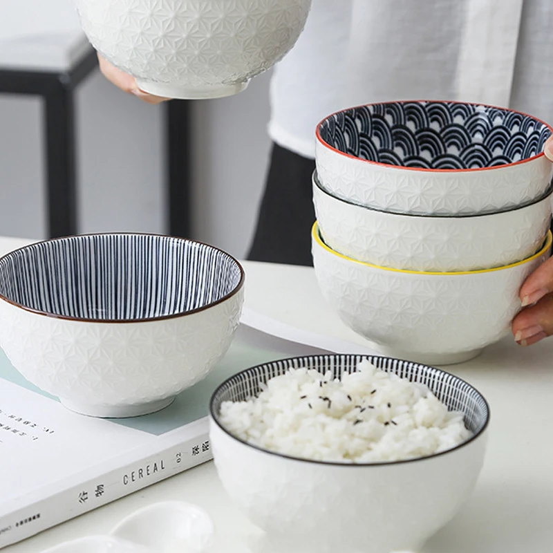 

4.5 Inch Household Rice Bowl Ceramic Tableware Nordic Minimalist Style Underglaze Relief Kitchenware Porridge Bowl Small