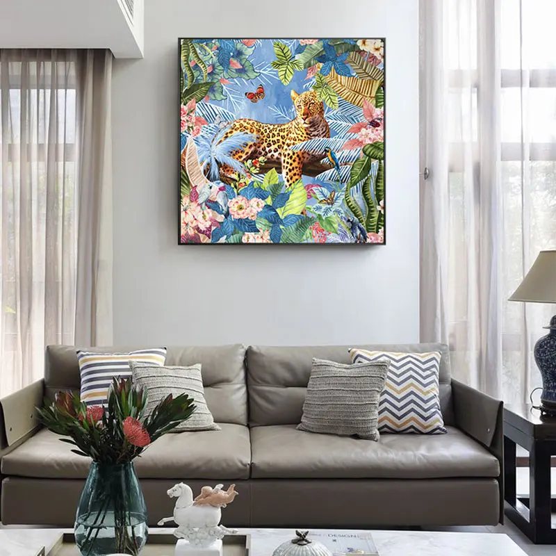 Современный леопардовой расцветки с цветами Холст Картина печатный плакат Декор