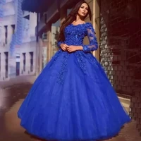 cinderella lace quinceanera dresses royal blue v neck sweet 16 dress prom ball gowns floral appliqued long sleeves party gowns