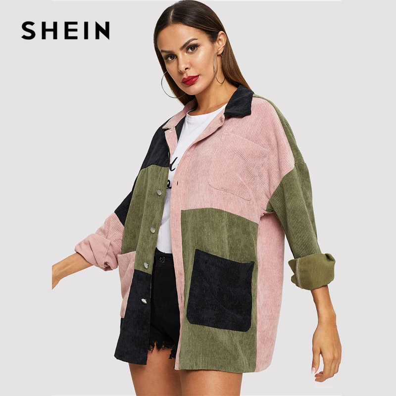 SHEIN повседневное многоцветное пальто с карманами спереди, вельветовое однобортное пальто, Осеннее Современное женское пальто, верхняя одежда