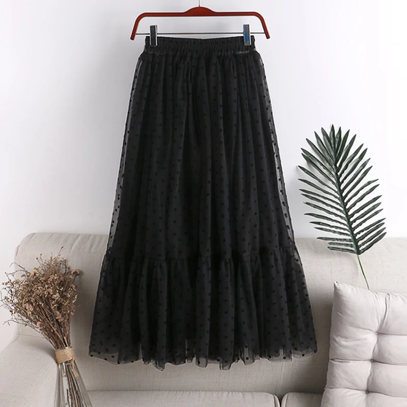 

Сетчатая юбка в горошек, Женская мода 2020, весенне-летняя элегантная длинная юбка в горошек, Женская плиссированная юбка миди с высокой талие...