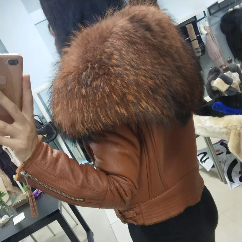 genuine leather jacket women coat winter sheepskin coats wool parka real oversized raccoon dog fur collar | Женская одежда