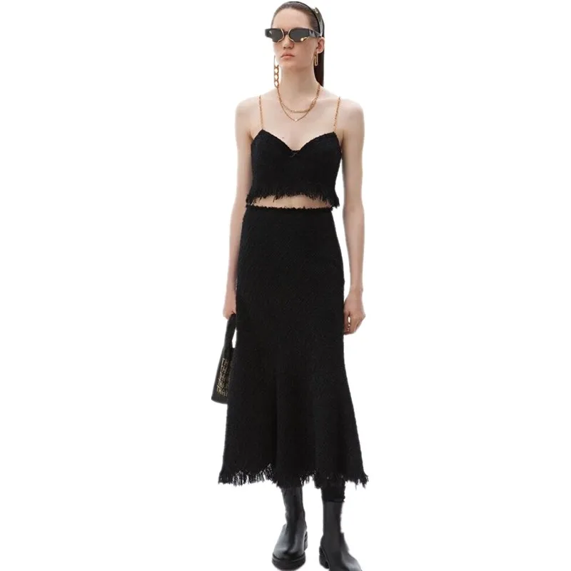 Комплект из двух предметов Для женщин твидовый комплект 2019 пикантные черные