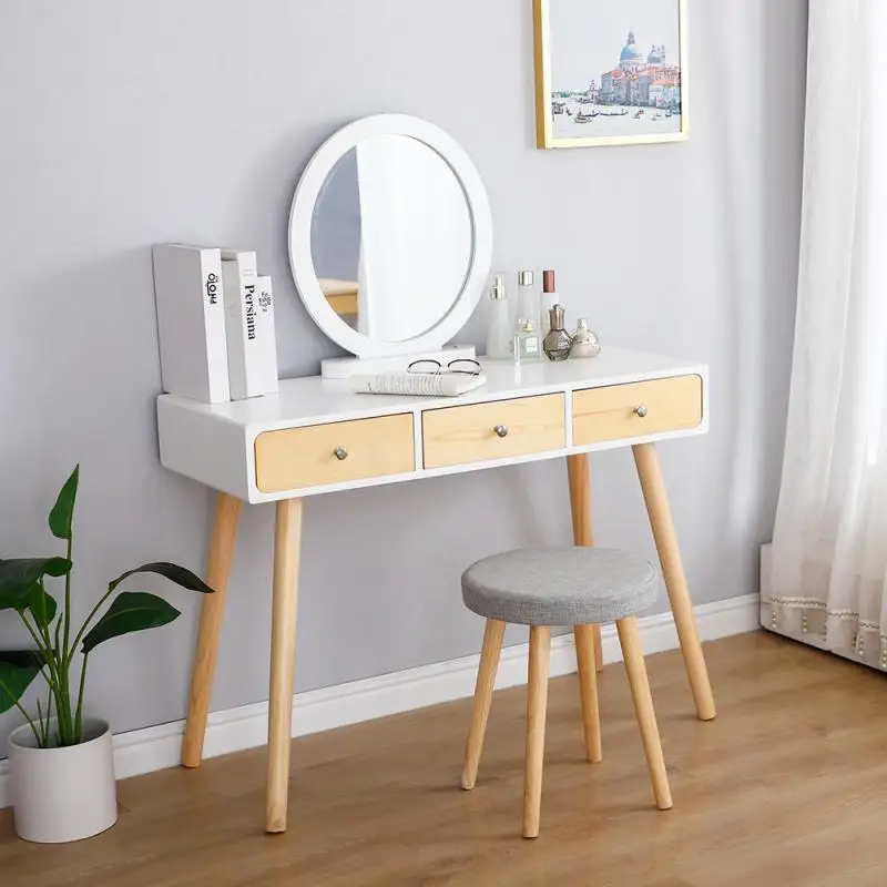 

Dressing Table Modern Style Mirror Makeup Table 3 Drawer Wooden Home Bedroom Storage Dressing Table With Chair 100X40X125cm HWC