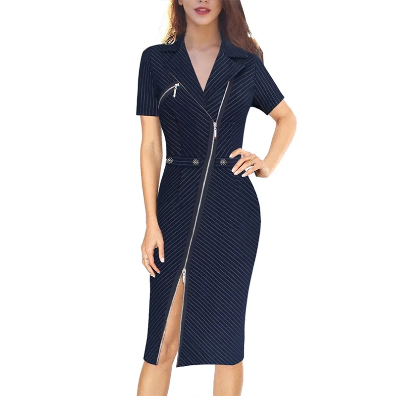 Blue White Striped 4 Vfemage, женское сексуальное элегантное асимметричное платье с отворотом, на молнии, с пуговицами, на каждый день, для работы, офиса, бизнеса, вечерние, облегающее платье 10079 - Цвет: Blue White Striped 4