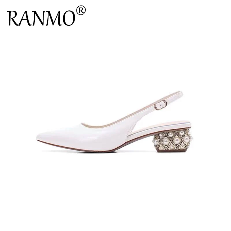 

Diamond Pearl High Heeled Sandals Spring And Summer 2021 New Thick Heeled Pointed Single Shoes White Middle Heel Women's Shoes