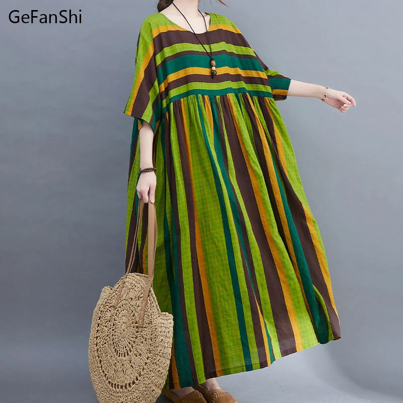 

Женское винтажное платье в полоску, повседневное свободное платье из хлопка с рукавом до локтя и круглым вырезом, элегантное офисное платье...