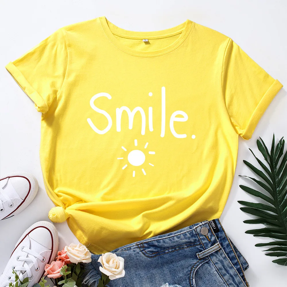 

Summer Cotton Womens Tshirts Smile Sun Print Short Sleeve T-shirt Casual O-neck Summer Tops Graphic Tees 5XL Plus Size Clothes