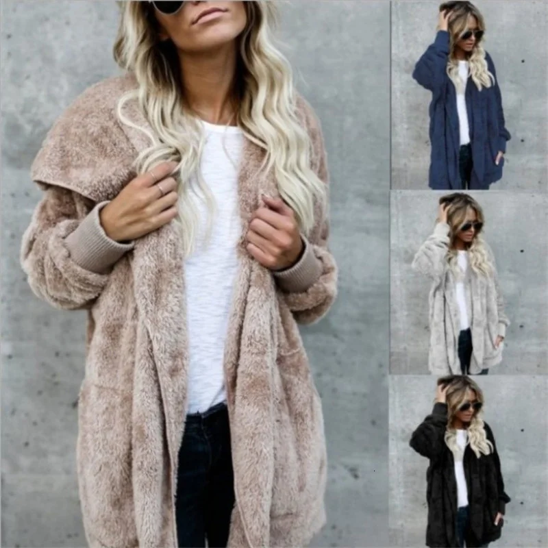 

3XL Women Autumn Warm Soft Zipper Fur Jacket Female Plush Overcoat Pocket Coat 2021 Casual Teddy Hooded Outwear