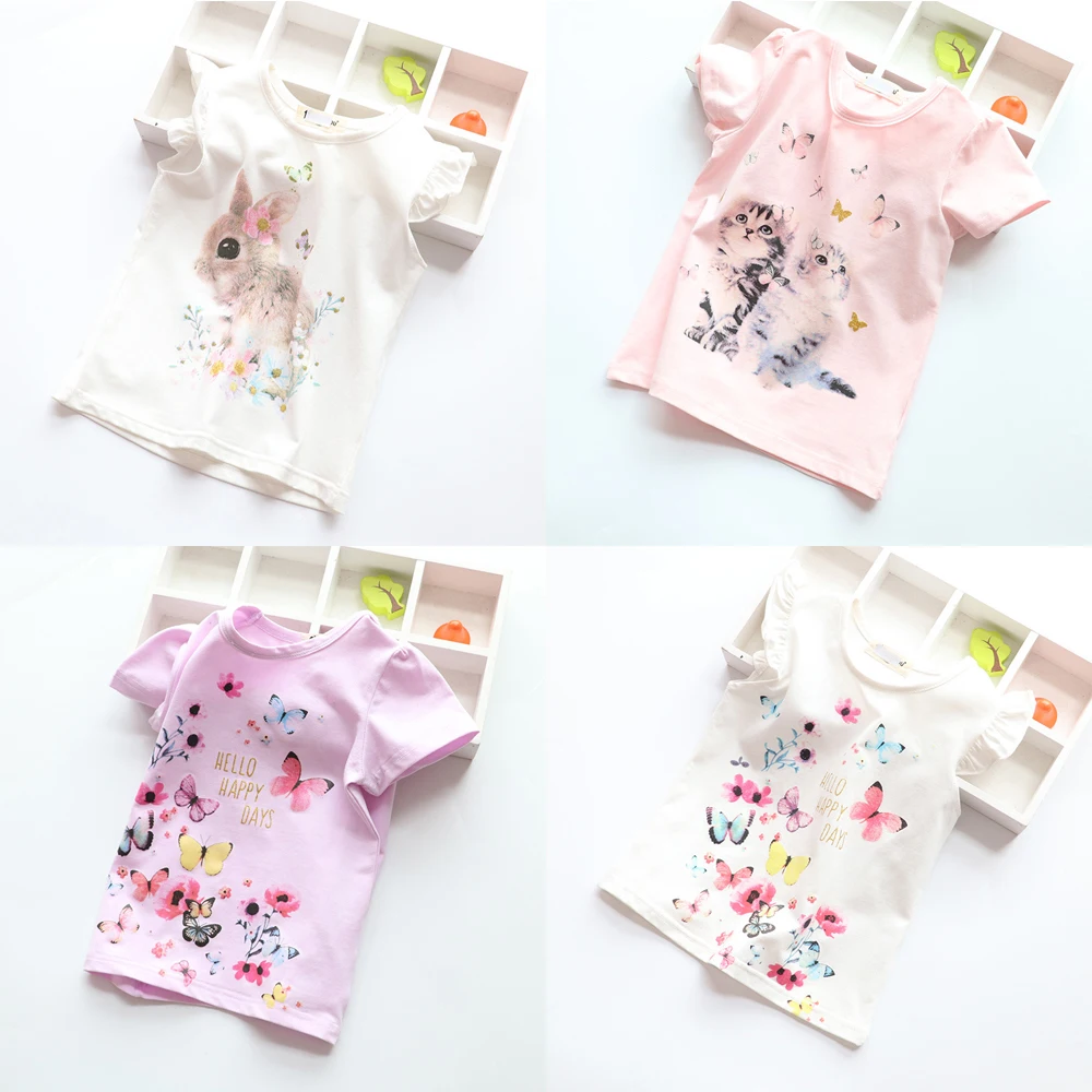 

New Cotton Kids T-Shirt Children Summer Short Sleeve T-Shirts for Girls Clothes Cat Rabit Butterfly Baby T Shirt Toddler Tops