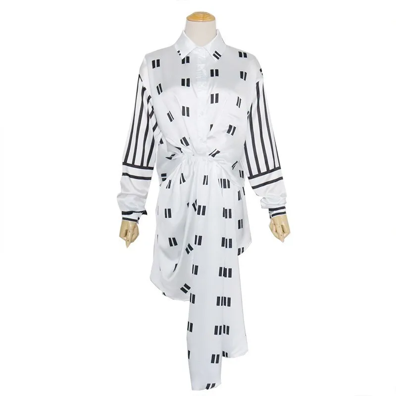 

GALCAUR Print Dresses For Women Lapel Collar Long Sleeve High Waist Striped Hit Color Patchwork Ruched Women's Dress 2020 Style