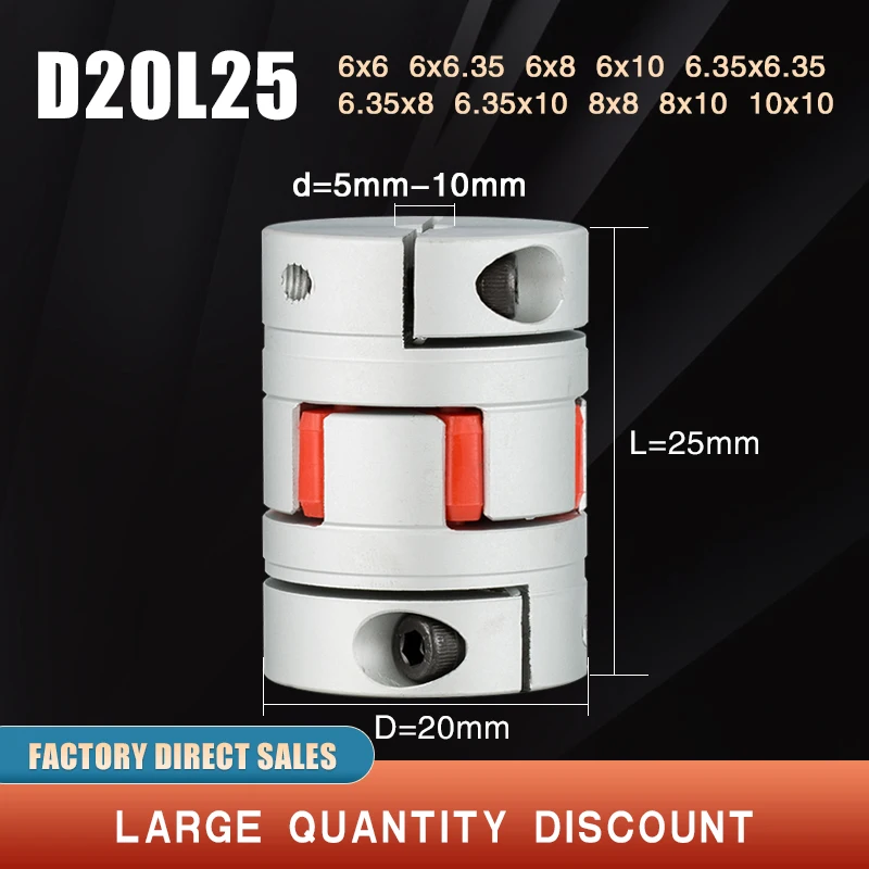 

D20L25 Three jaws coupler D20 L25 BW aluminum plum flexible spider coupling motor red rubber pad 6 6.35 8 10 mm V-CORE 3 5X8