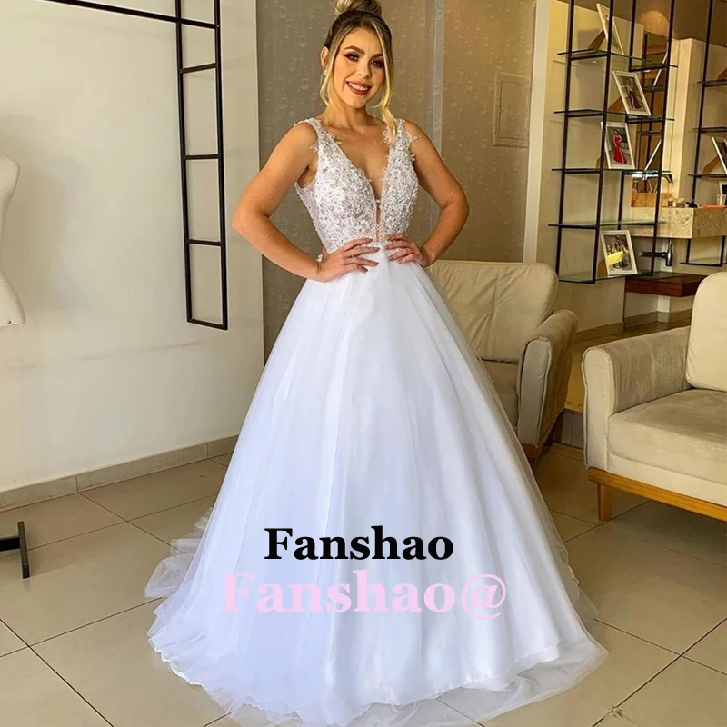 

Long White Organza Wedding Dress Lace Appliques Beads Spaghetti Straps Robe De Mariee Dubai Arabic Abiti Da Sposa Custom Made