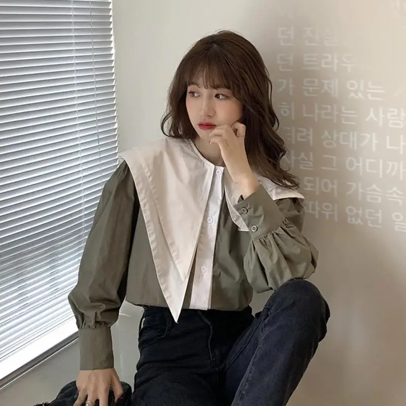 

2021 Spring Autumn Women Korean Long Sleeve Blouse Female Vintage Double Collar Patchwork Shirts Blusas Roupa Feminina Tops A53