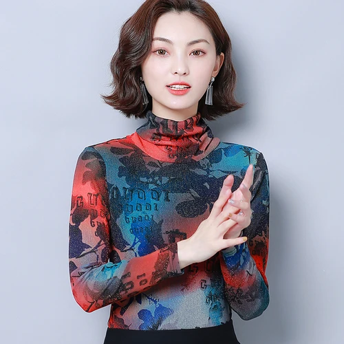 2020 Spring Autumn Elastic Fine Printing Woman Shirt High Collar Long Sleeve Xxxl Female Fashion Temperament Bottoming Shirts |