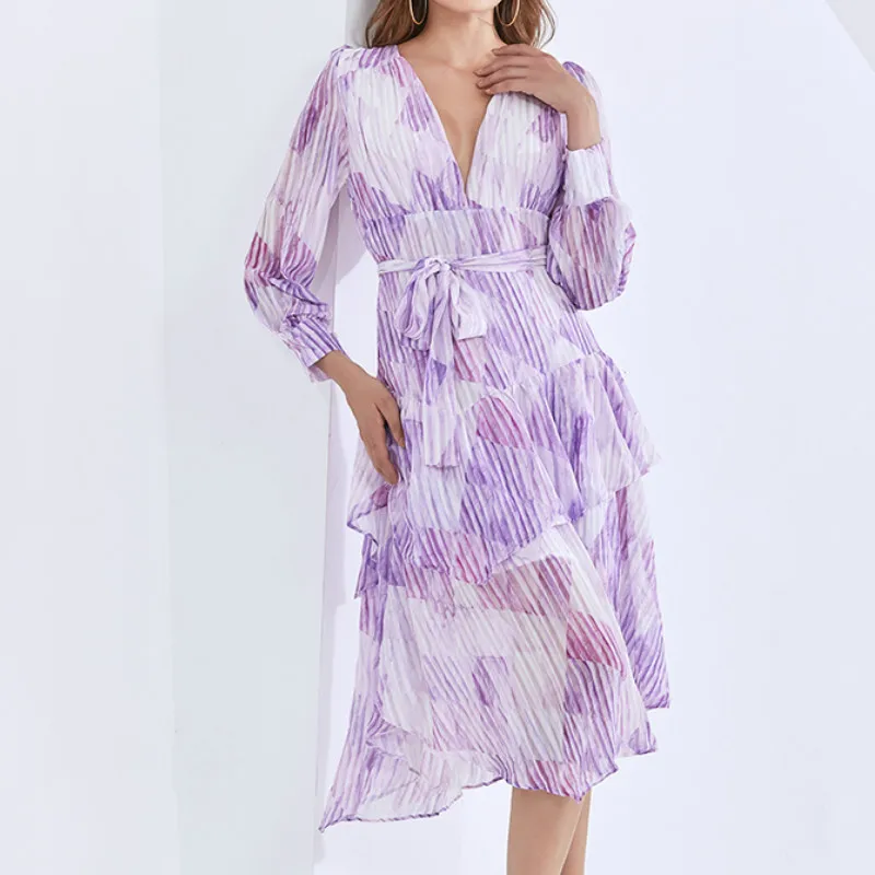 

Женское шифоновое платье с принтом, разноцветное платье с бантом, v-образный вырез, длинный рукав, асимметричный подол, миди платья 2020, модна...