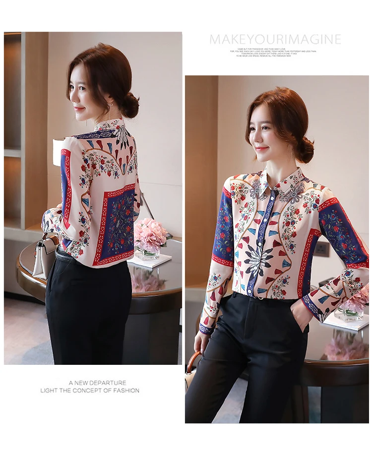 

Houthion Chiffon Women's Blouses Printed Silk Shirt Casual Long Sleeve Top Breasted Summer Fashion Blouse Office Lady Button