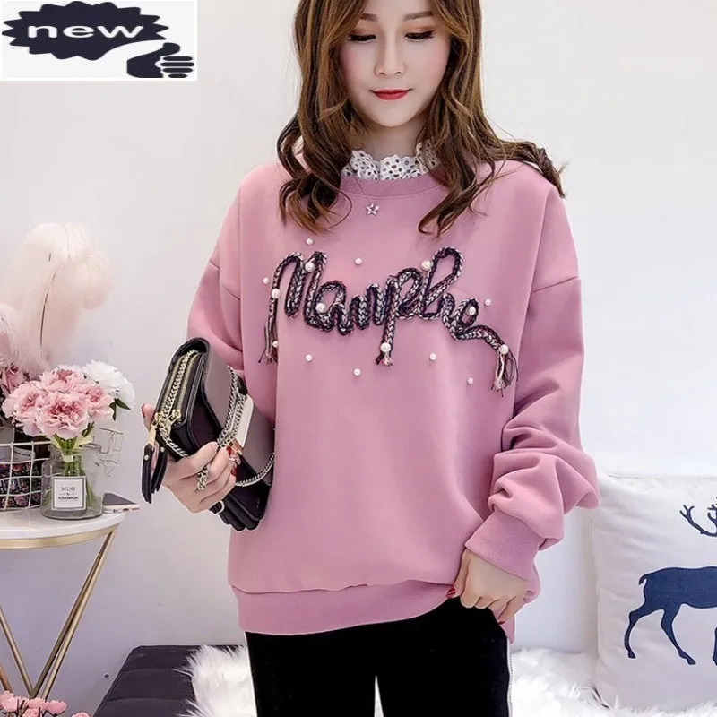 

Winter Casual Lace Beading Pullover Warm Women High Street Cotton Inner Long Sleeve Letter Sweatshirt Pink/Black