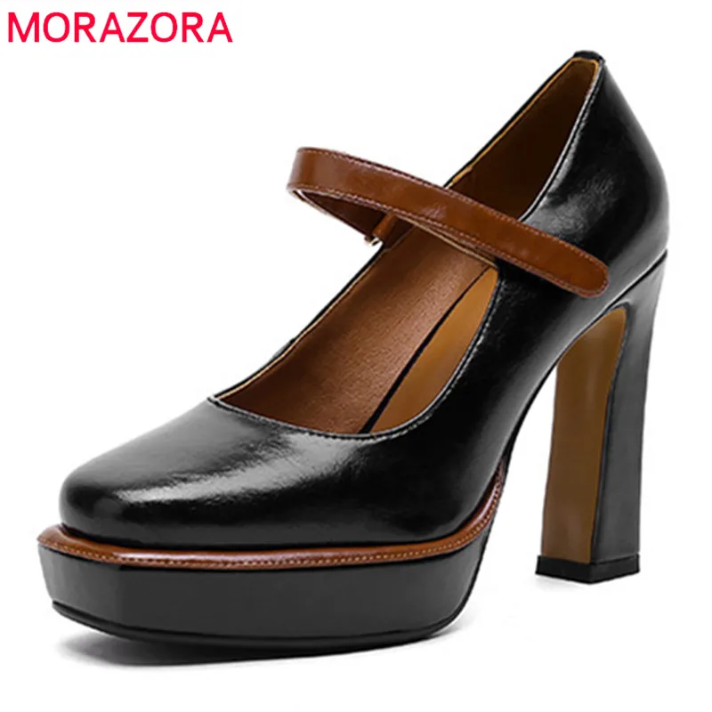 

Женские туфли-лодочки из натуральной кожи MORAZORA, черные туфли-лодочки из натуральной кожи на платформе и высоком квадратном каблуке, лето 2021